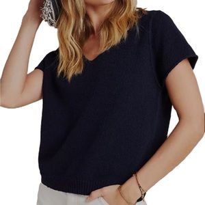 Anthropologie Short Sleeve Sweater V Neck Navy Blue